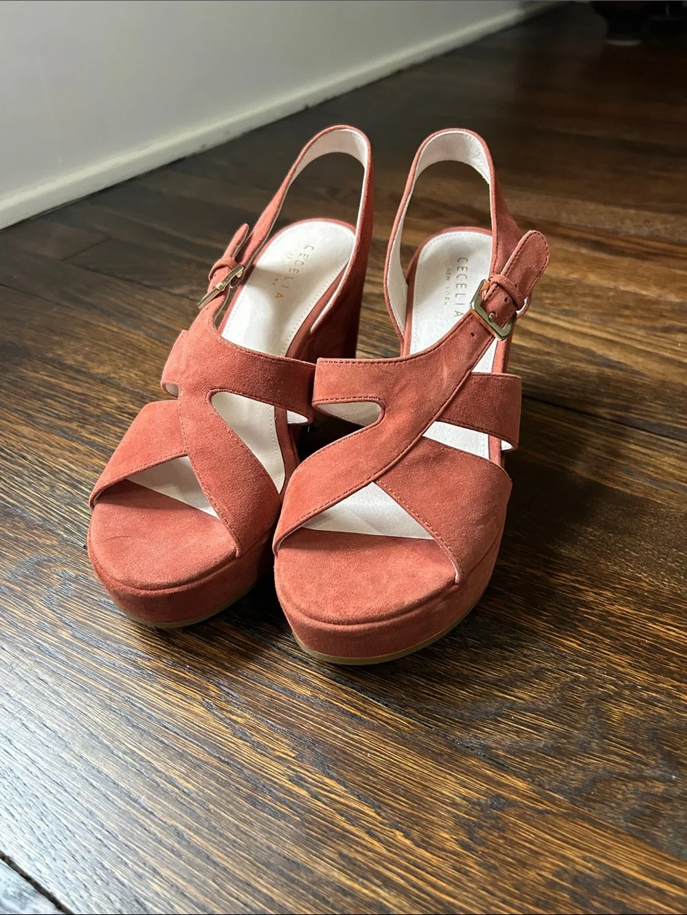 Suede Slingback Platform Sandals in Rust. 9